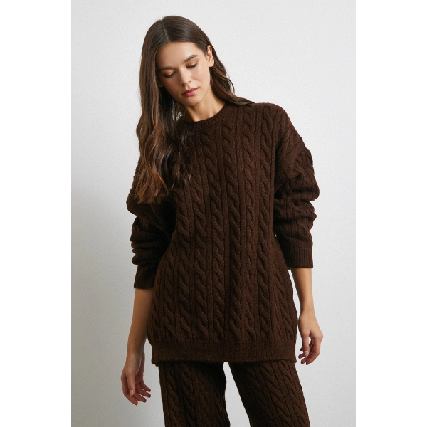 Desenli Şardonlu Triko Takım Kahve