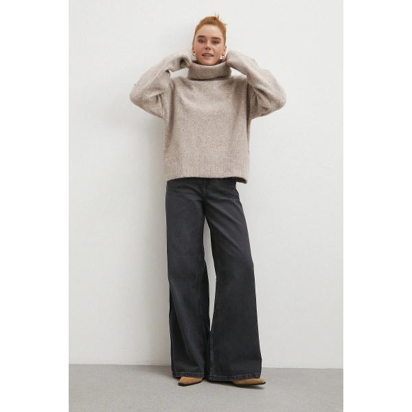 Yüksek Bel Geniş Paça Jean Siyah