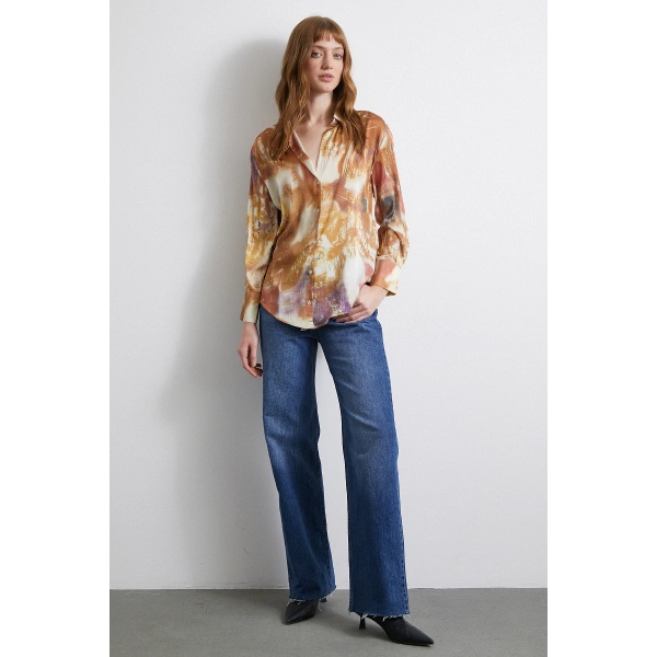 Desenli Saten Gömlek Lila