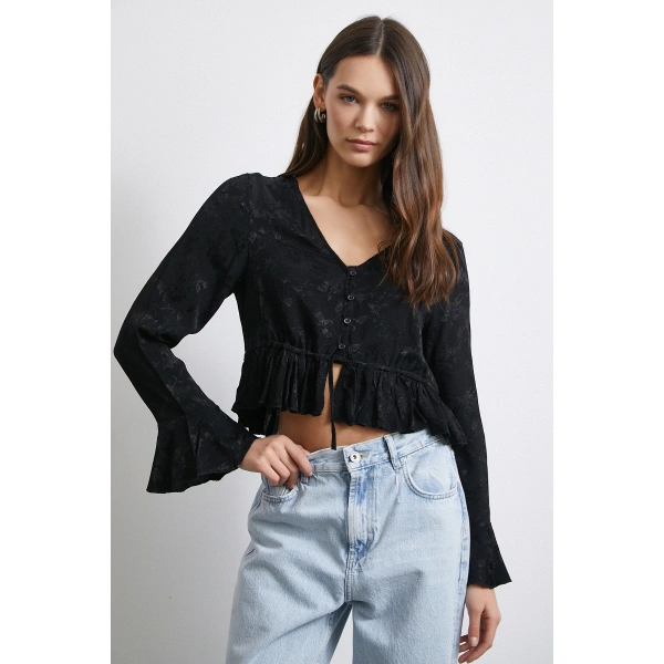 V Yaka Fırfırlı Bluz Siyah