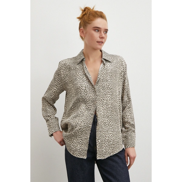 Leopar Desenli Viskon Saten Gömlek Krem