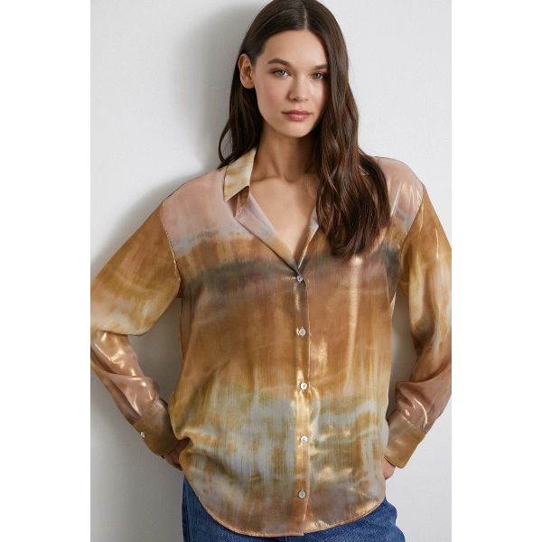 Desenli Krinkıl Gömlek Haki