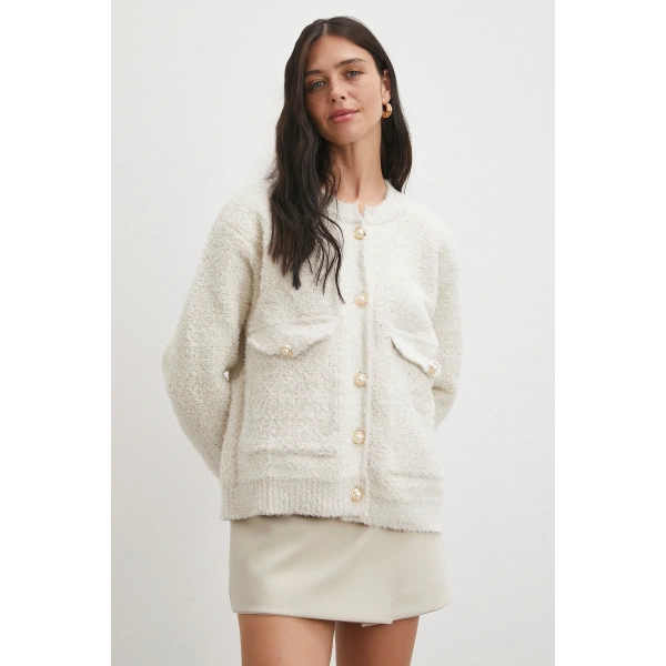 Cepli Düğmeli Simli Hırka Ekru