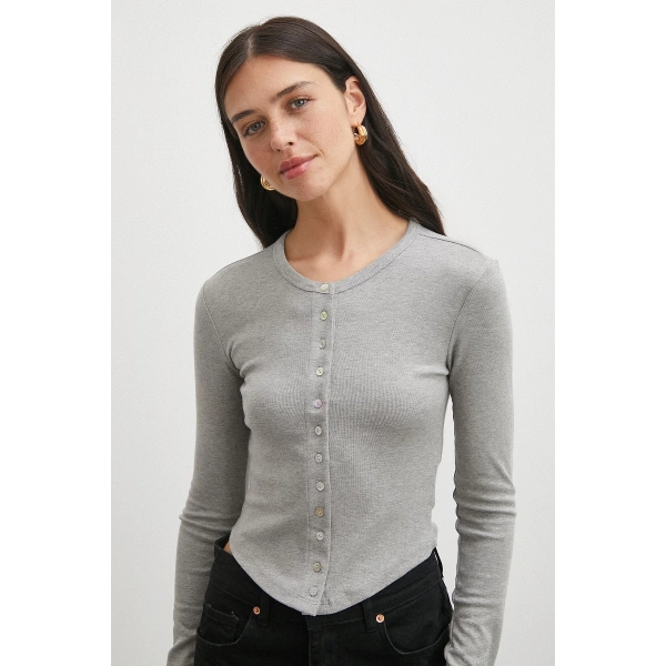 Düğmeli Uzun Kol Bluz Gri