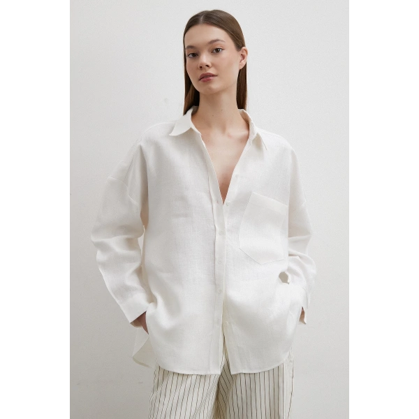 Robalı Cepli Keten Gömlek Ekru