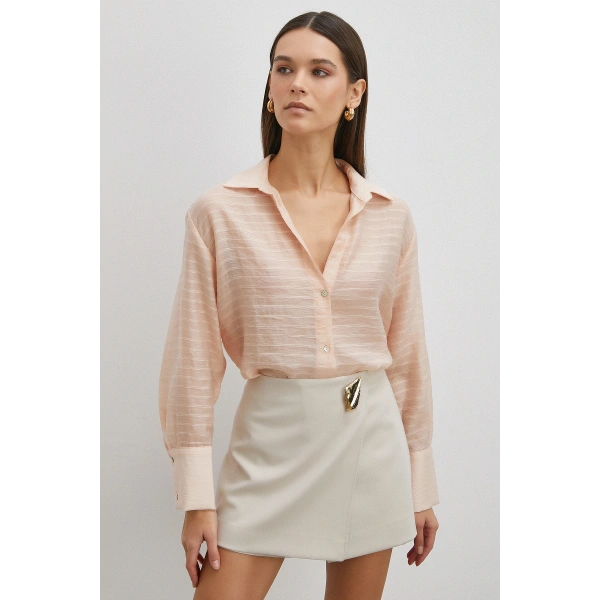Kabartma Çizgili Gömlek Pudra