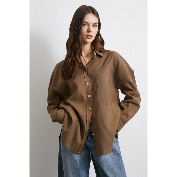 Cepli Oversize Keten  Gömlek Kahve