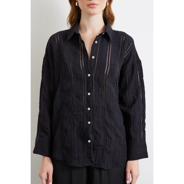 Organze Çizgili Gömlek Siyah