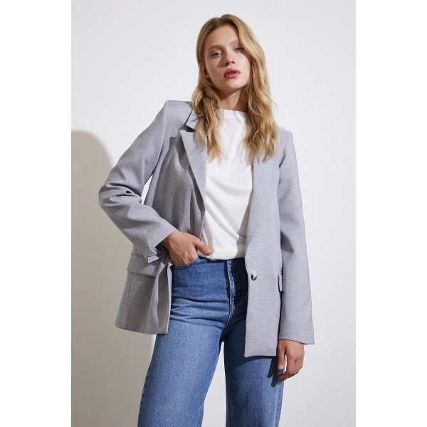 Tek Düğmeli Blazer Ceket Gri