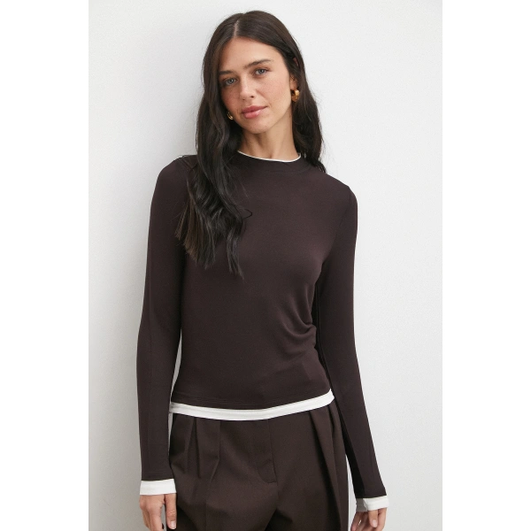 Garnili Bisiklet Yaka Bluz Kahve