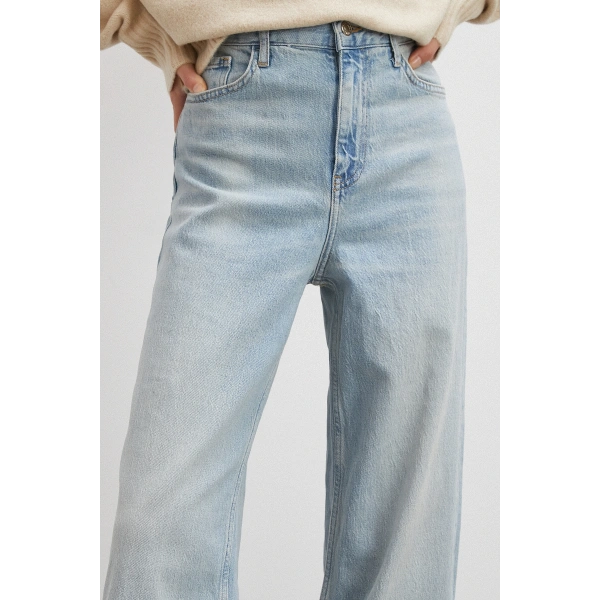 Yüksek Bel Kesik Paça Straight Buz Mavisi