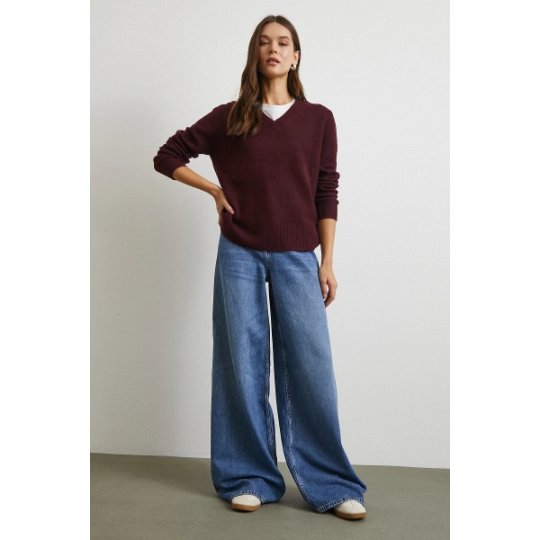 Yüksek Bel Geniş Paça Beş Cepli Jean Mavi