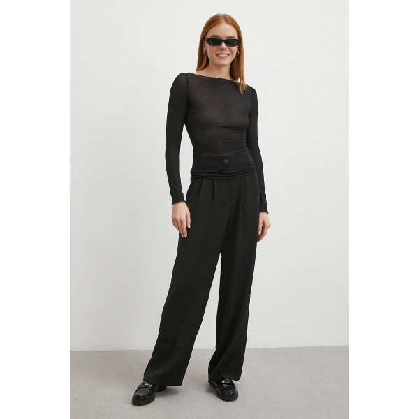 Beli Lastikli Pileli Geniş Paça Pantolon Siyah