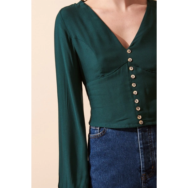 Düğme Detaylı V Yaka Uzun Kol Bluz Yeşil
