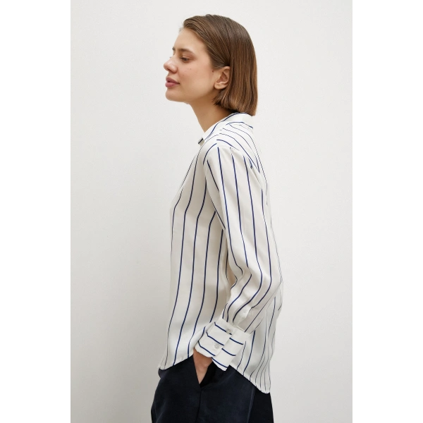 İnce Çizğili Şifon Gömlek Ekru