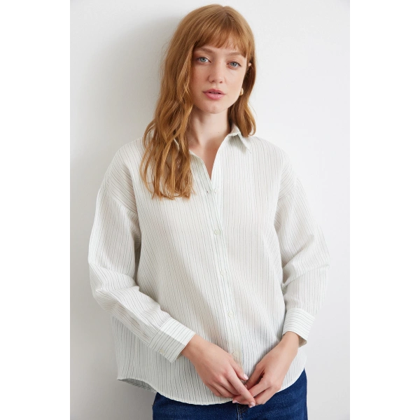 Simetrik Çizgili Gömlek Mint