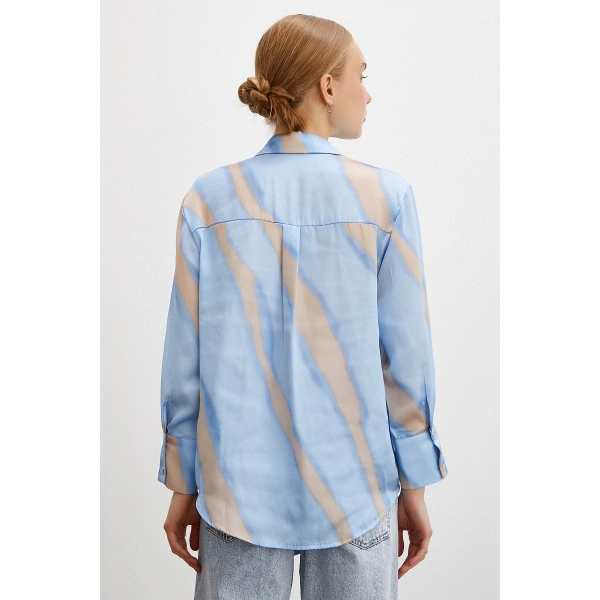 Desenli V Yaka Saten Gömlek Mavi