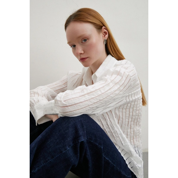 Transparan Çizgili Gömlek Beyaz