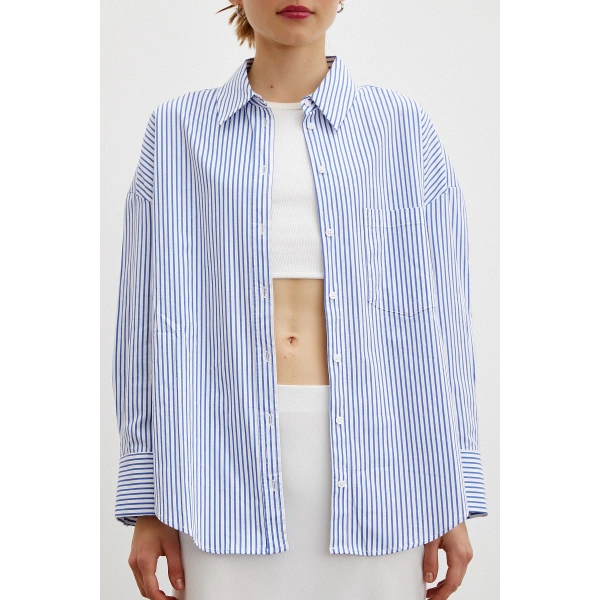 Çizgili Poplin Gömlek Mavi