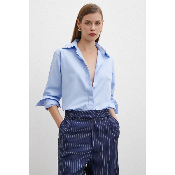 Yaka İncili Poplin Gömlek Mavi