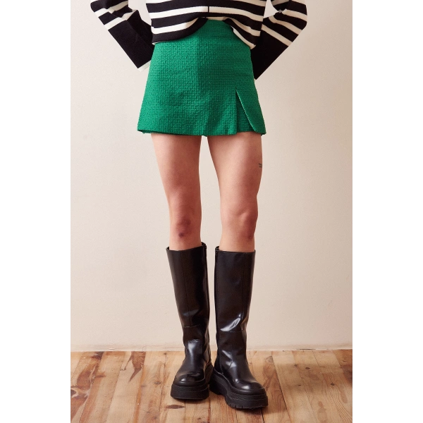 Yırtmaçlı Tweed Şort Etek Yeşil