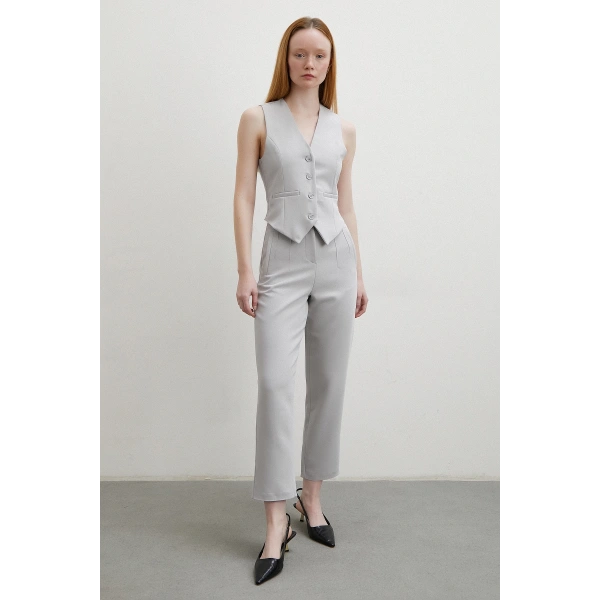 Önü Pensli Skinny Kumaş Pantolon Gri