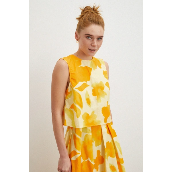 Batik Desen Sıfır Kol Bluz Sarı