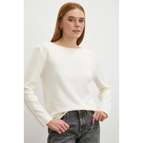 Kayık Yaka Uzun Kol Kazak Ekru