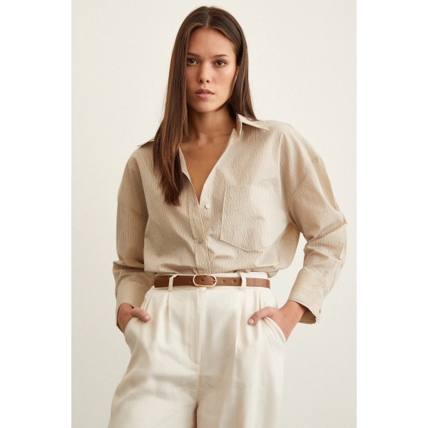 Çizgili Oversize Gömlek Bej