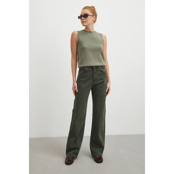 Yüksek Bel Kesik Boru Paça Jean Yeşil