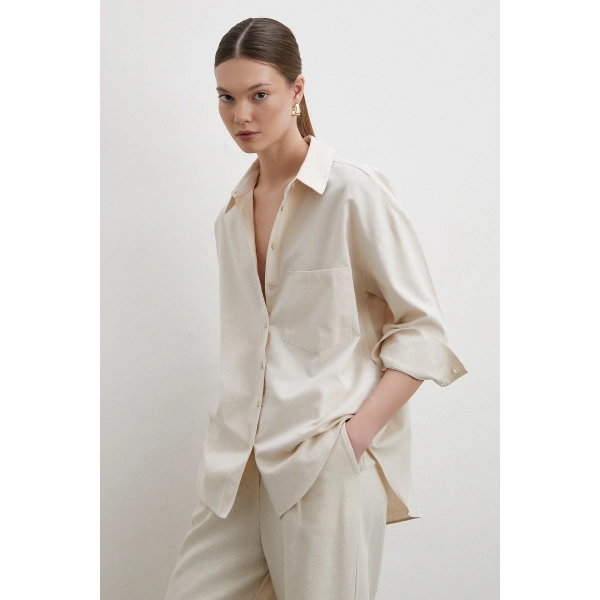 Keten Karışımlı Dökümlü Gömlek Bej