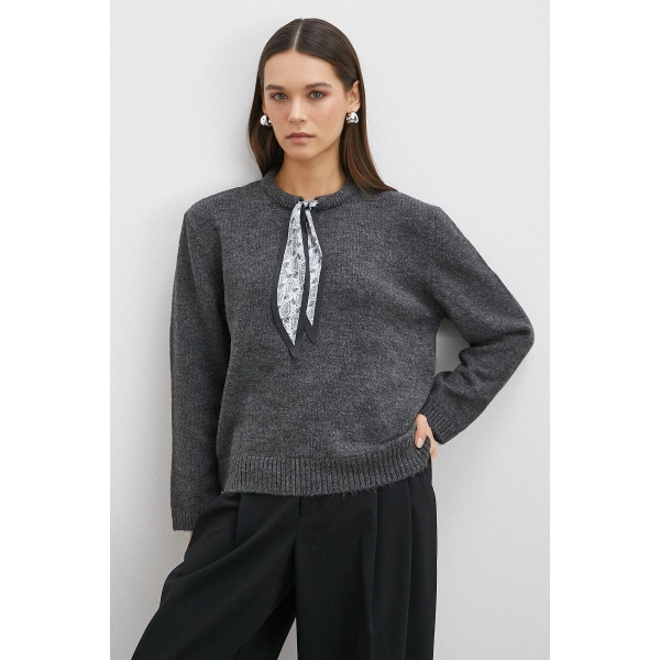 Fularlı Uzun Kollu Kazak Gri