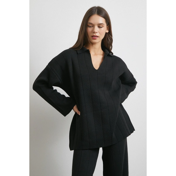 Polo Yaka Pantolonlu Triko Takım Siyah