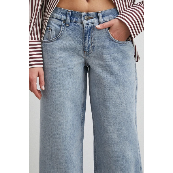 Düşük Bel Wide Leg Jean Mavi