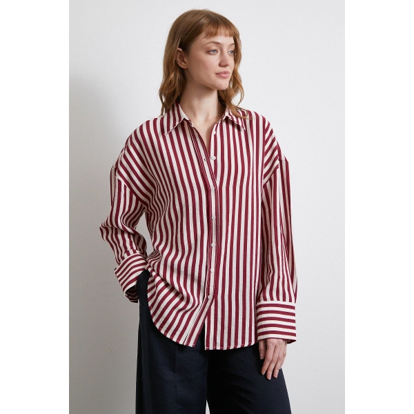 Çizgili T Kol Gömlek Bordo