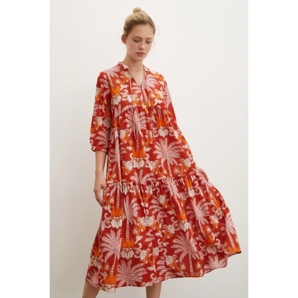 Hakim Yaka Desenli Maxi Elbise Oranj