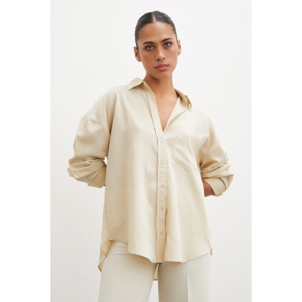 Cepli Çizgili Gömlek Bej