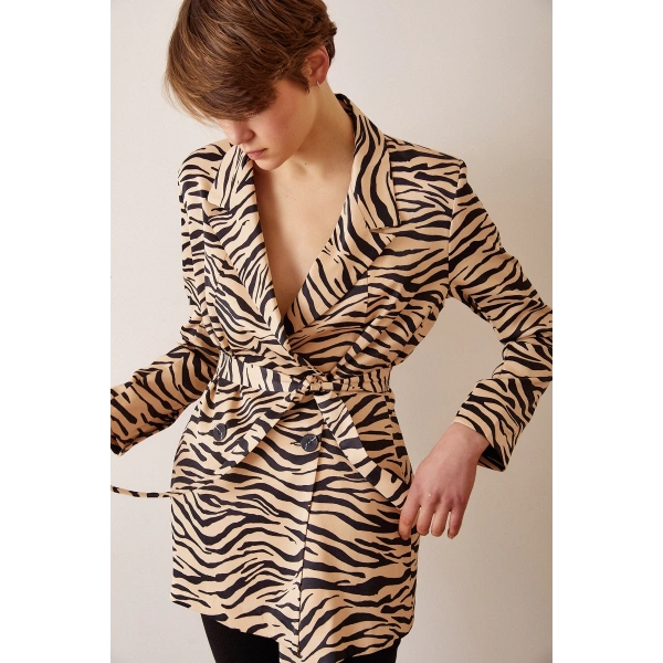 Düğmeli Kuşaklı Blazer Ceket Leopar