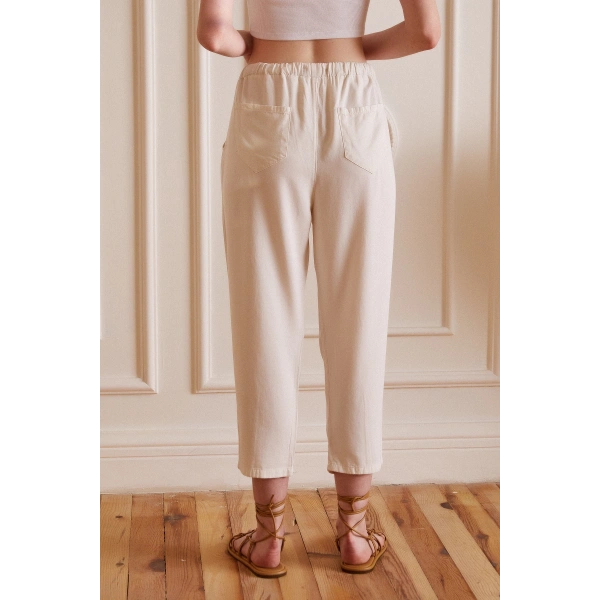 Beli İpli Salaş Gabardin Pantolon Ekru