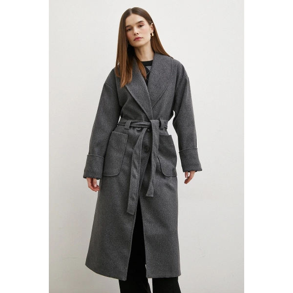 Kuşaklı Şal Yaka Kaban Antirasit