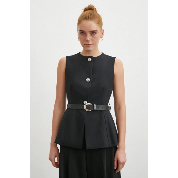 Kemerli Bisiklet Yaka Üç Düğmeli Yelek Siyah