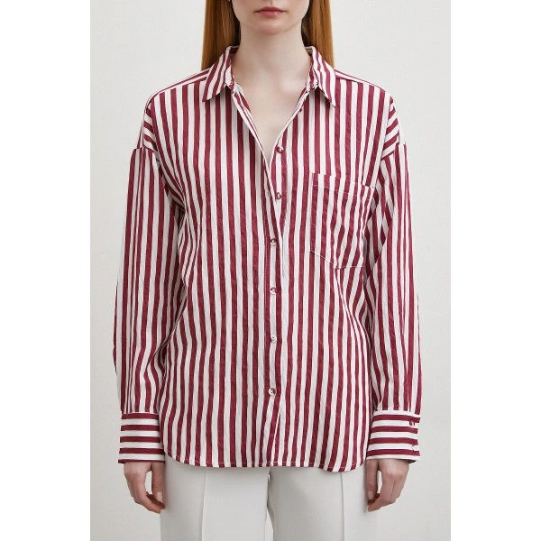 Multi Çizgili Cepli Gömlek Bordo