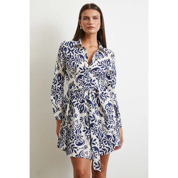 Godeli Desenli Elbise Lacivert