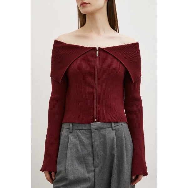 Fermuarlı Mendil Yaka Hırka Bordo