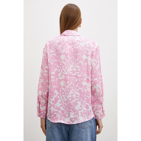 Desenli Gofret Saten Gömlek Pembe