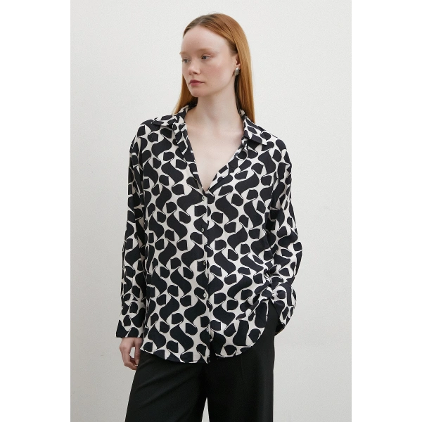 Kontrast Desenli Maroken Viskon Gömlek Siyah