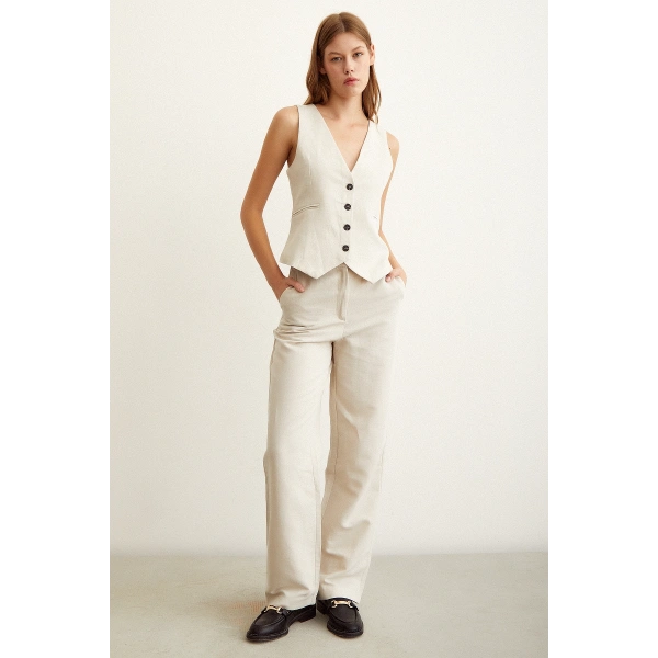 Astarlı Keten Yelek Bej