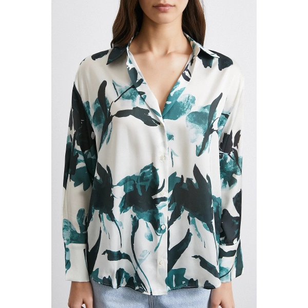 Saten Yüzeyli Desenli Gömlek Yeşil