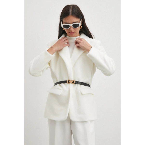 Kemerli Tay Flock Ceket Beyaz