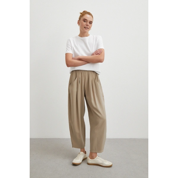 Bağcıklı Beli Lastikli Pileli Pantolon Taş